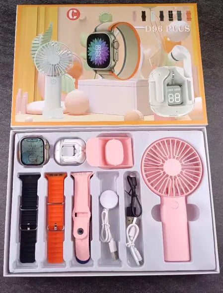D96 Plus Smartwatch Suit – Bluetooth Smartwatch With Lcd Display, Wireless Earphones, Heart Rate, Blood Pressure & Oxygen Monitoring, Text Notifications, And Built-in Stand Fan For Cooling – All-in-one Wearable For Fitness And Daily Use
