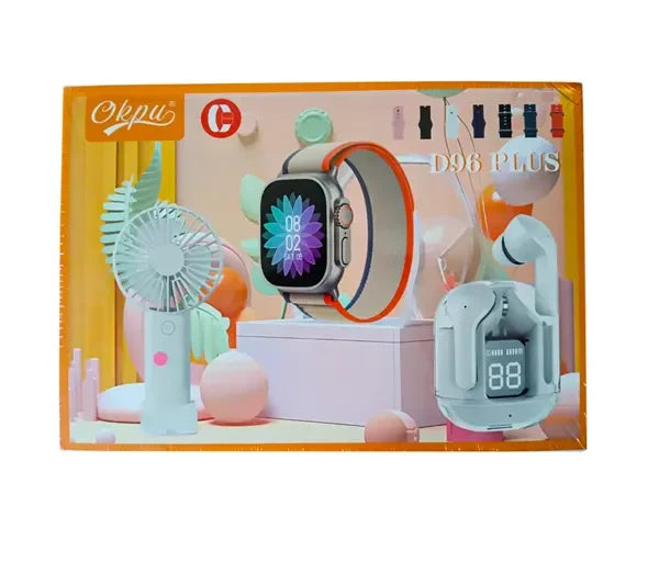 D96 Plus Smartwatch Suit – Bluetooth Smartwatch With Lcd Display, Wireless Earphones, Heart Rate, Blood Pressure & Oxygen Monitoring, Text Notifications, And Built-in Stand Fan For Cooling – All-in-one Wearable For Fitness And Daily Use