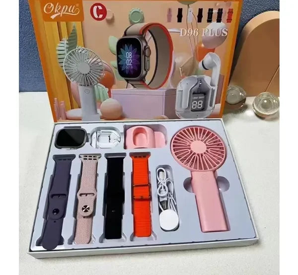 D96 Plus Smartwatch Suit – Bluetooth Smartwatch With Lcd Display, Wireless Earphones, Heart Rate, Blood Pressure & Oxygen Monitoring, Text Notifications, And Built-in Stand Fan For Cooling – All-in-one Wearable For Fitness And Daily Use