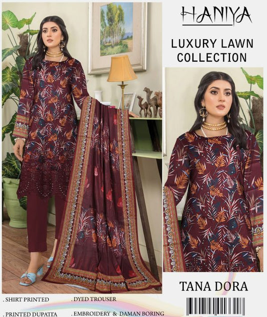 ✨ Haniya ✨ 3 Piece Digital Printed Doriya Shirt With Front Shifli Boring Daman Chickenkari/unstitched Suit New Collection For Womens